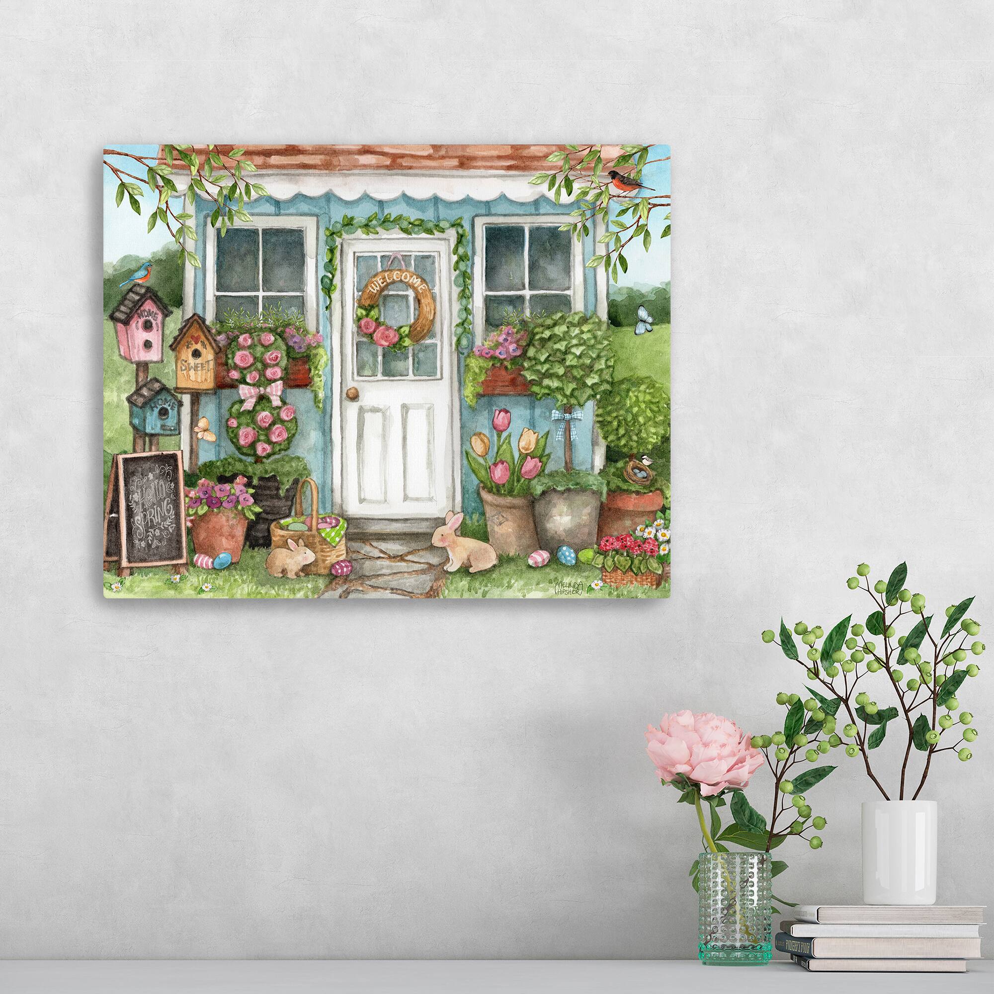 Lumaprints Blue Garden Shed Hello Spring Bunnies Canvas Giclée Art